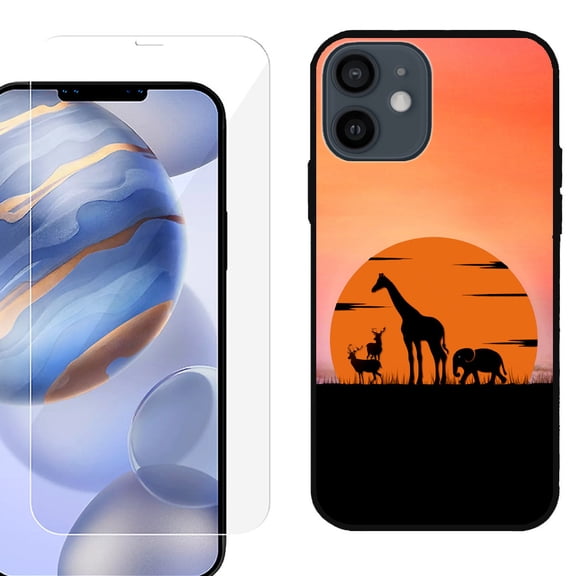 Slim-Fit Protective Phone Case (Black) compatible with iPhone 12 / iPhone 12 Pro, with Tempered Glass Screen Protector, by OneToughShield ® - Sunset Safari