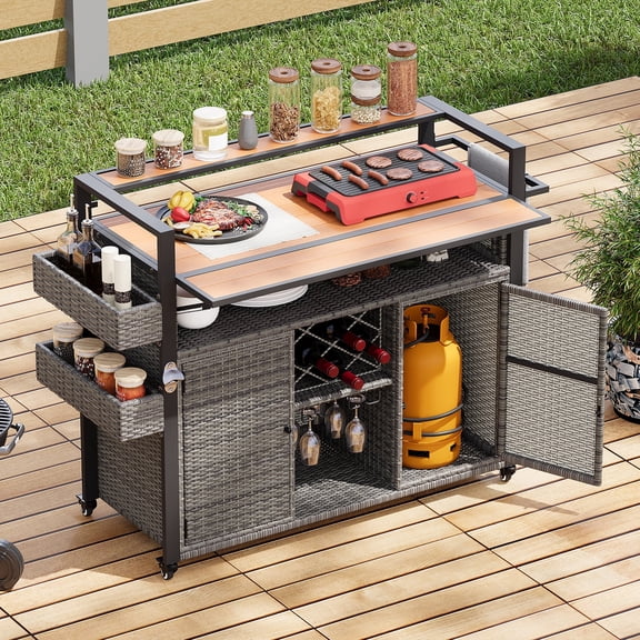 Outdoor Rattan Grill Cart w/ Foldable Plastic-Wood Top, Rolling Patio Bar Table w/ Storage & Wheels