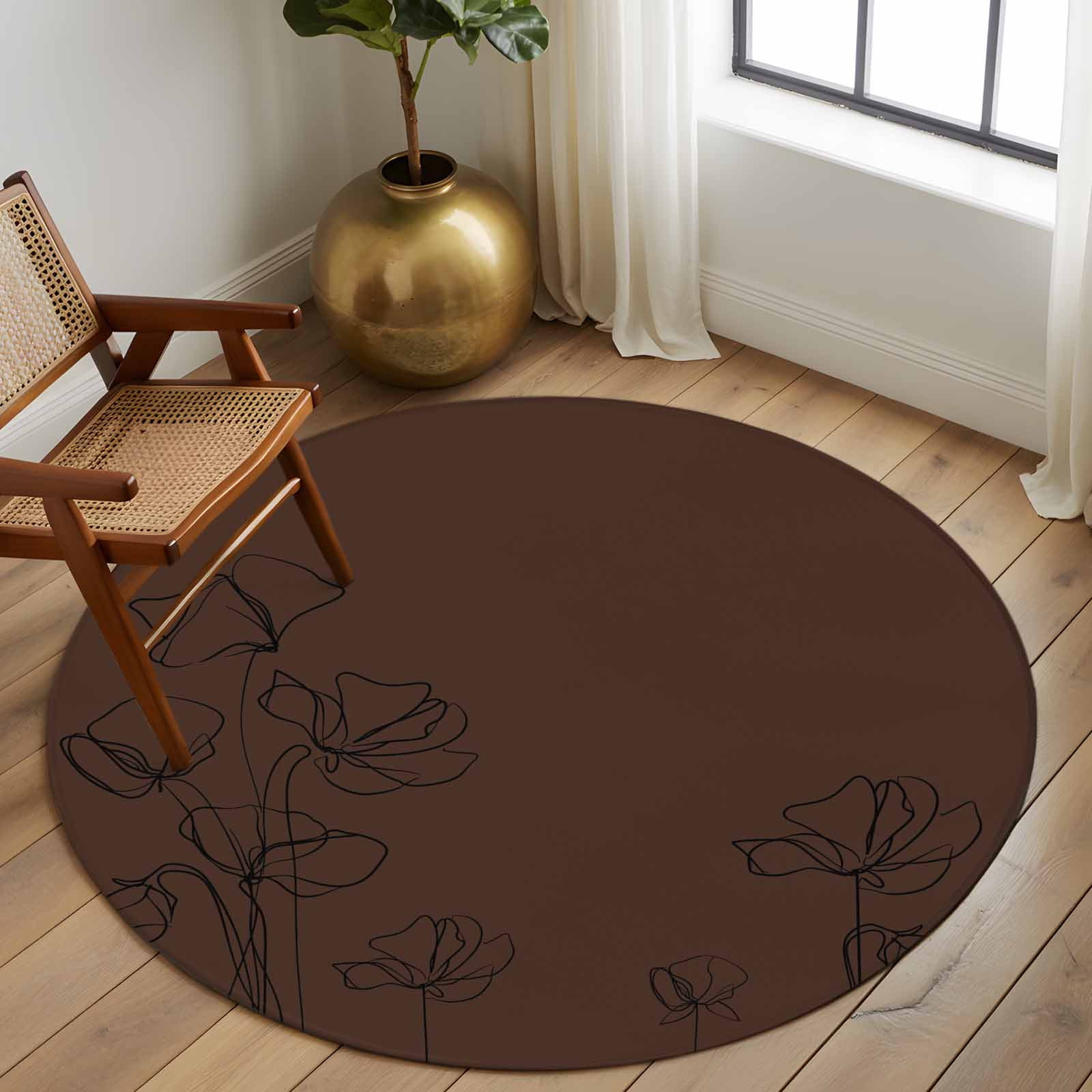 Round Area Rugs Collection 6 Ft, Brown Flowers Non-Slip Residential Carpet, Japanese Abstract Floral Plants Simple Art Indoor Crawling Mats Runner Rugs for Living Room/Dining Room/Bedroom