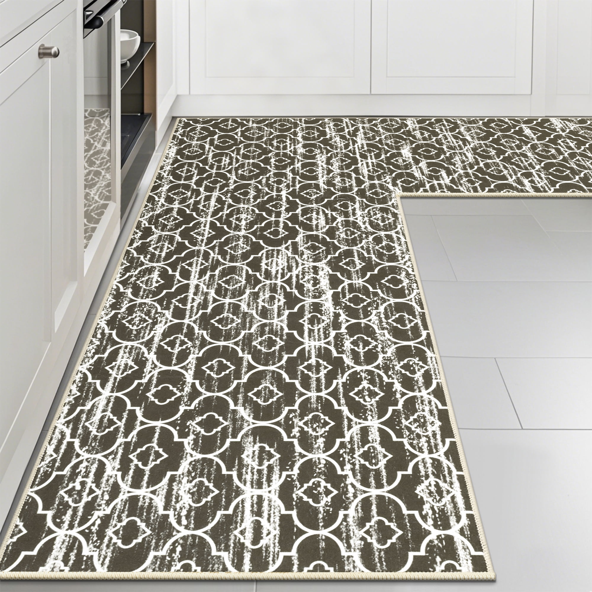 MeyJey Corner Kitchen Rug, 1 Piece Anti-Slip L Shape Kitchen Mat for Floor, Absorbent Runner in Front of Sink, Washable Floor Rugs for Home,Kitchen(Brown-L,24”x 71”x 71”)