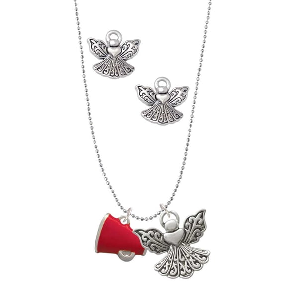 Delight Jewelry Silvertone Small Red Megaphone Silver tone Guardian Angel Charm Necklace and Stud Earrings
