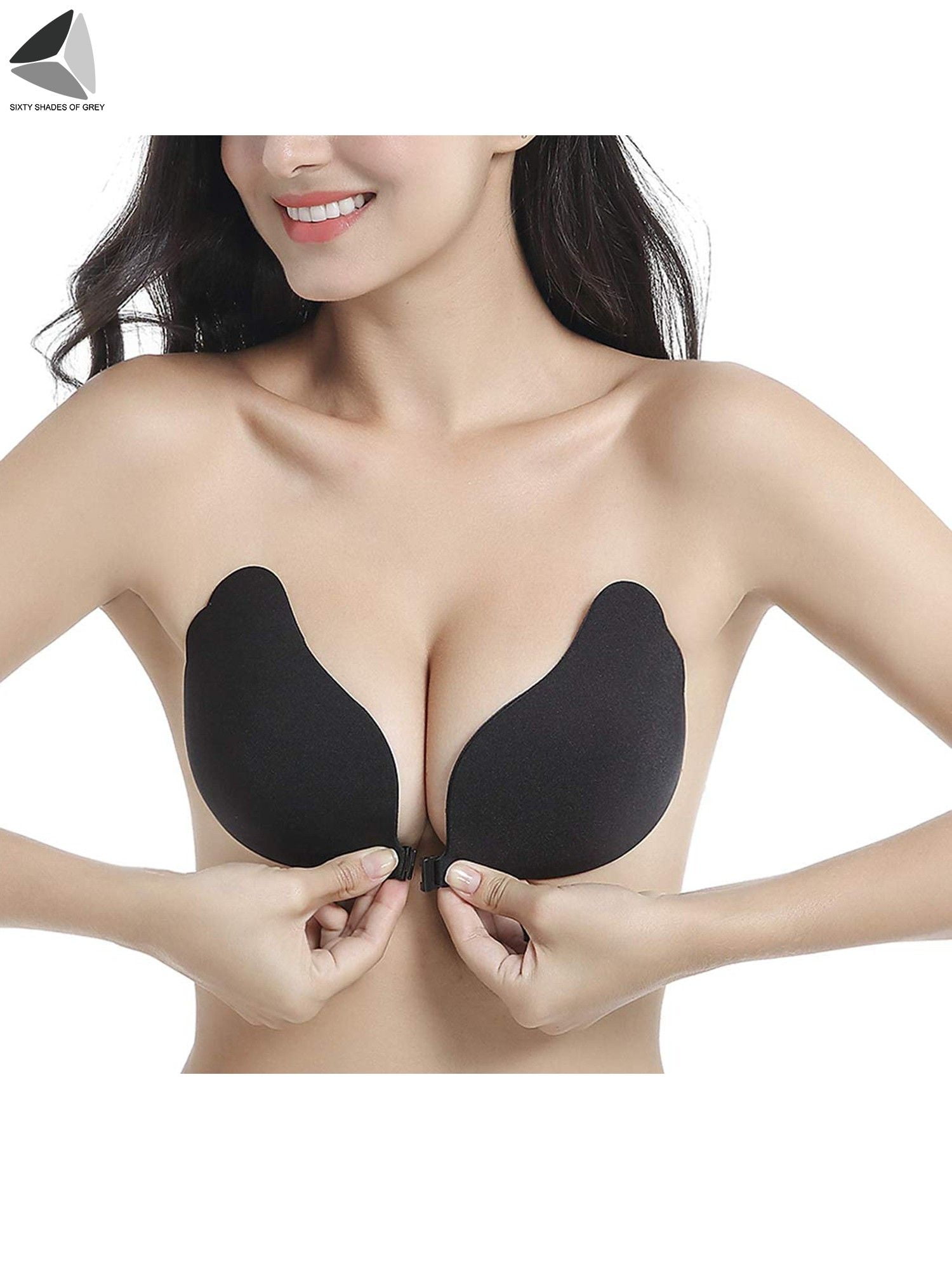 PULLIMORE Push Up Adhesive Bra Chest Gathered V Neck Silicone Bras  Strapless Backless Invisible Bras (Cup C, Black)