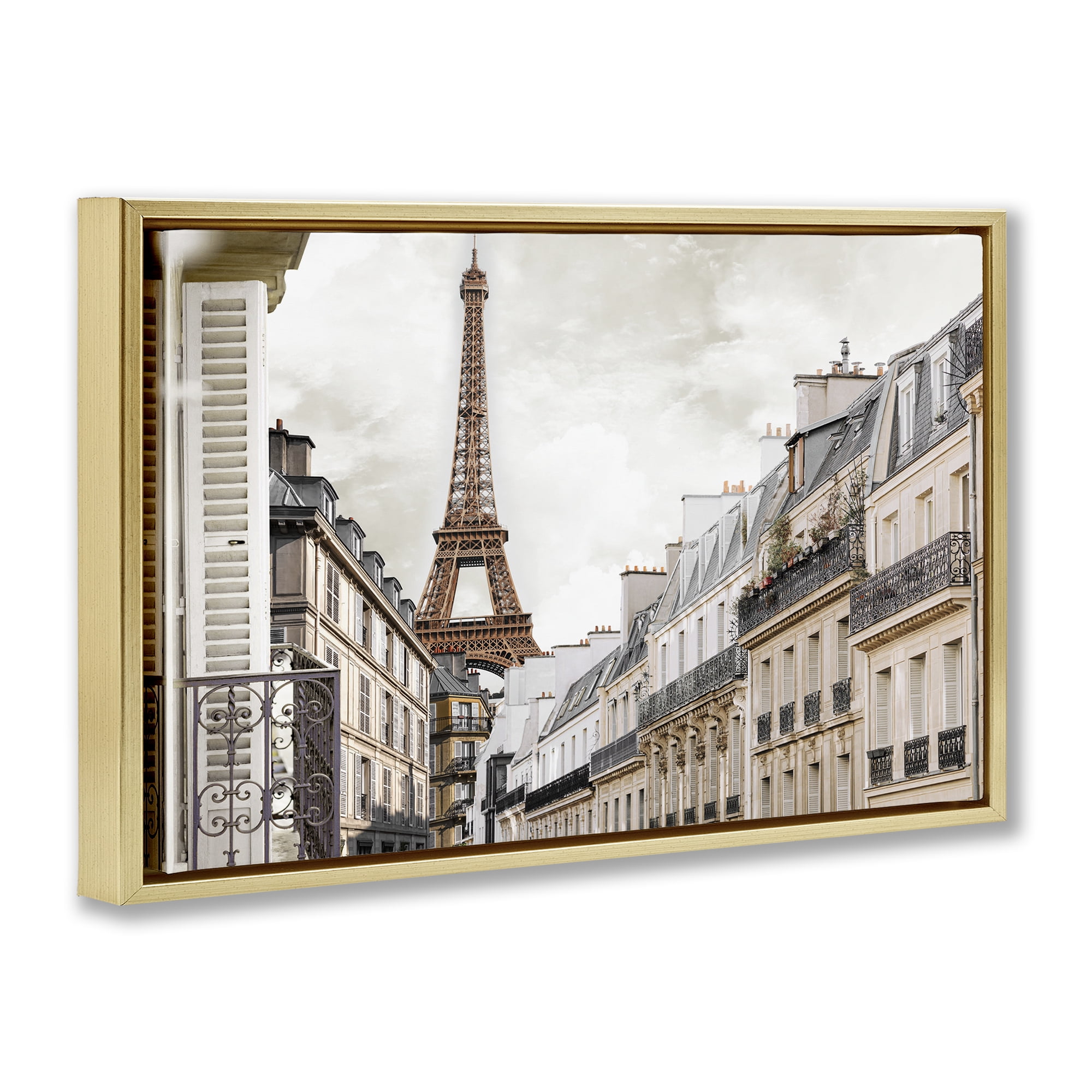 Stupell Industries Eiffel Tower Through Parisian Balconies Gold Framed Floater Canvas Wall Art, design by CAD Designs