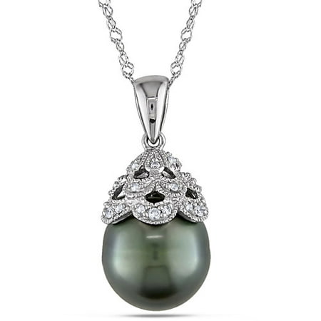 10-10.5mm Black Drop Tahitian Pearl and Diamond-Accent 10kt White Gold Fashion Pendant, 17