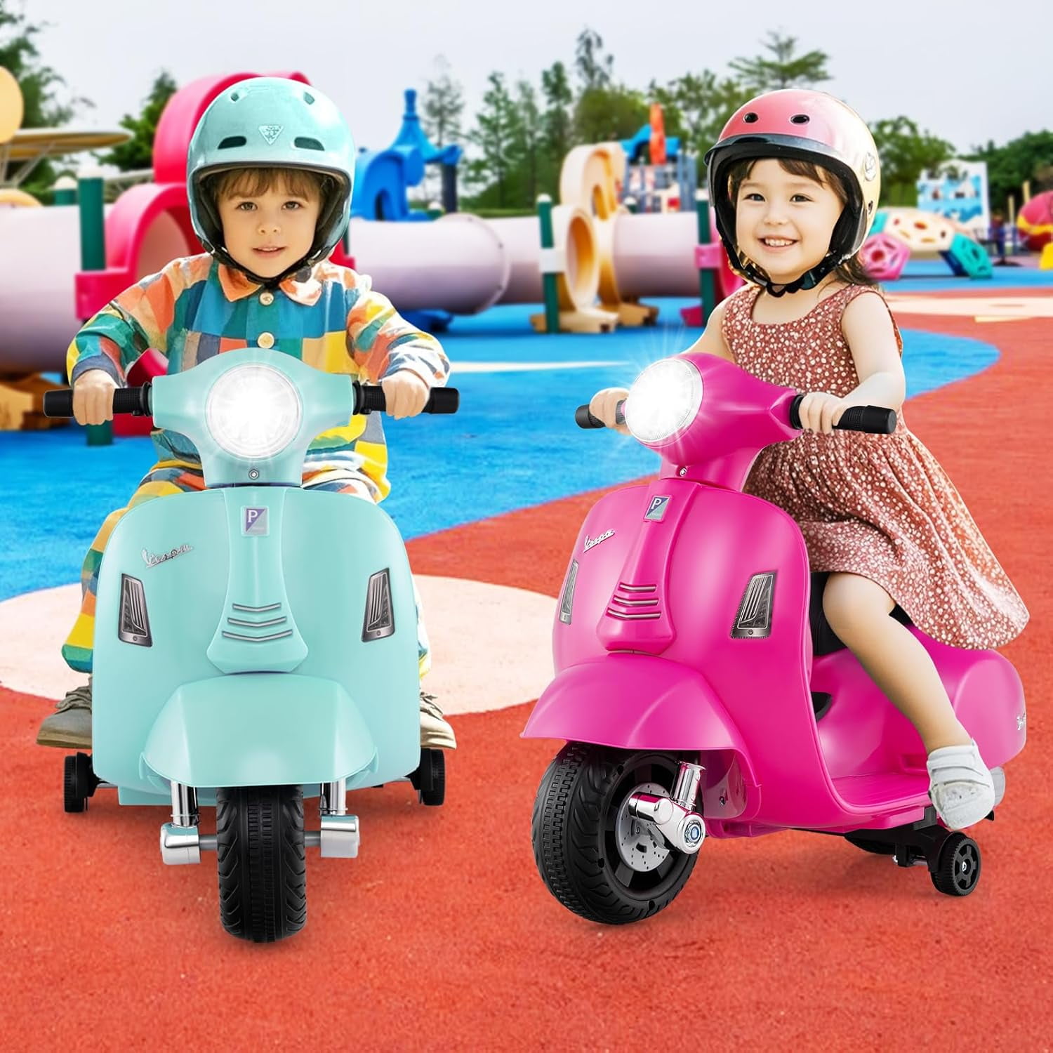 Licensed Vespa Kids Motorcycle by OLAKIDS, 6V Battery Powered Motorbike for Toddlers with Training Wheels, Horn, LED Lights, Electric Ride on Toys for Boys Girls Aged 18-36 Months