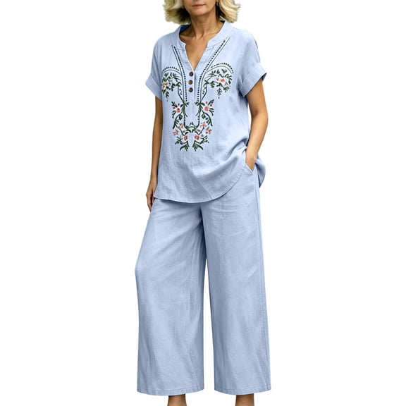 WULMLEO Women Floral Embroidery Notch Neck Sets Short Sleeve Linen Blend Top Wide Leg Cropped Pants 2 Piece Summer Casual Outfits Light Blue S
