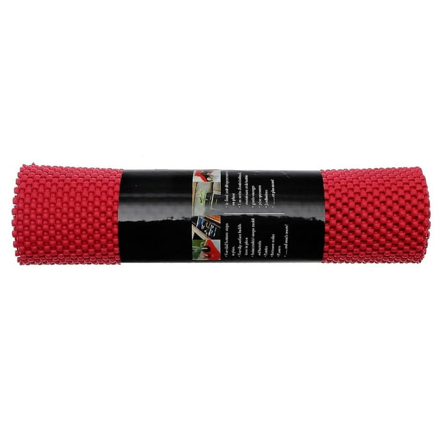 Rolled red anti-slip PVC mat measuring 12 by 59 inches with a black label showing usage instructions.