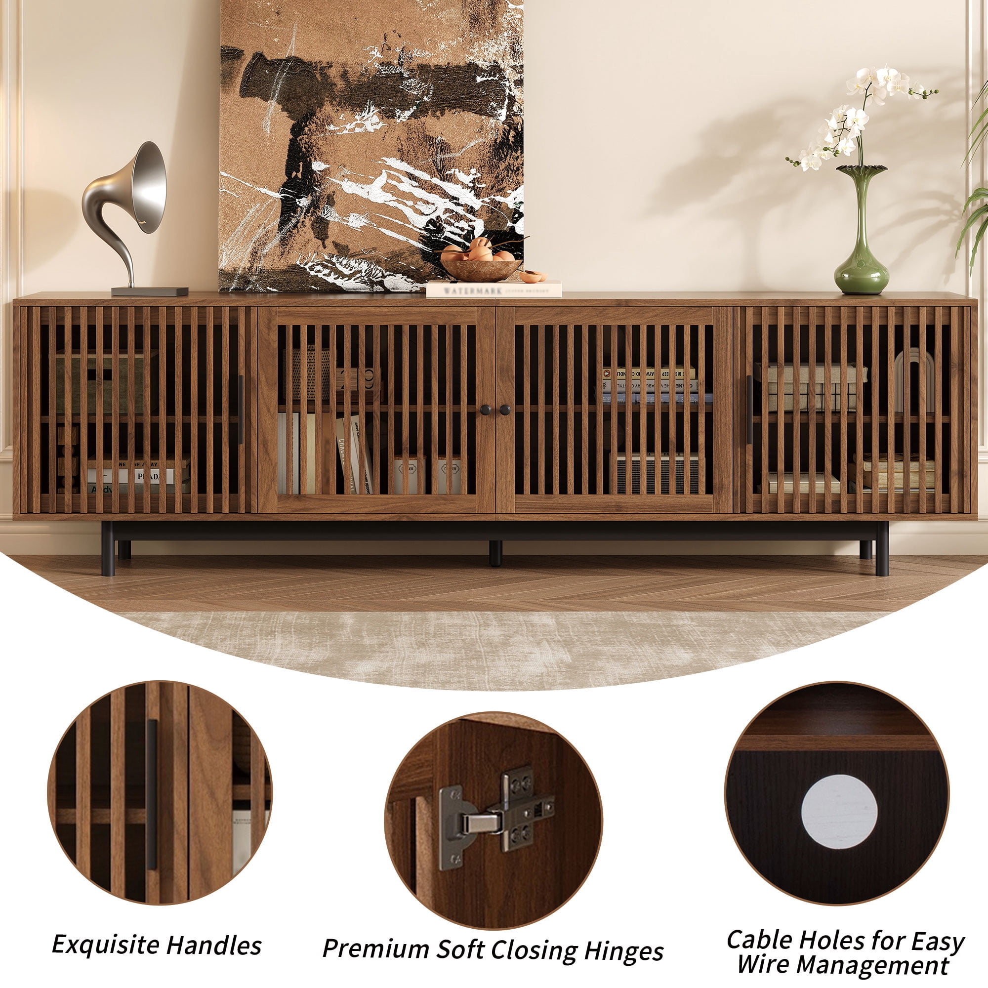 Homy Casa 78.7" Rustic Brown TV Stand for 80" TVs with 4 Slatted Cabinet Doors and Cable Management