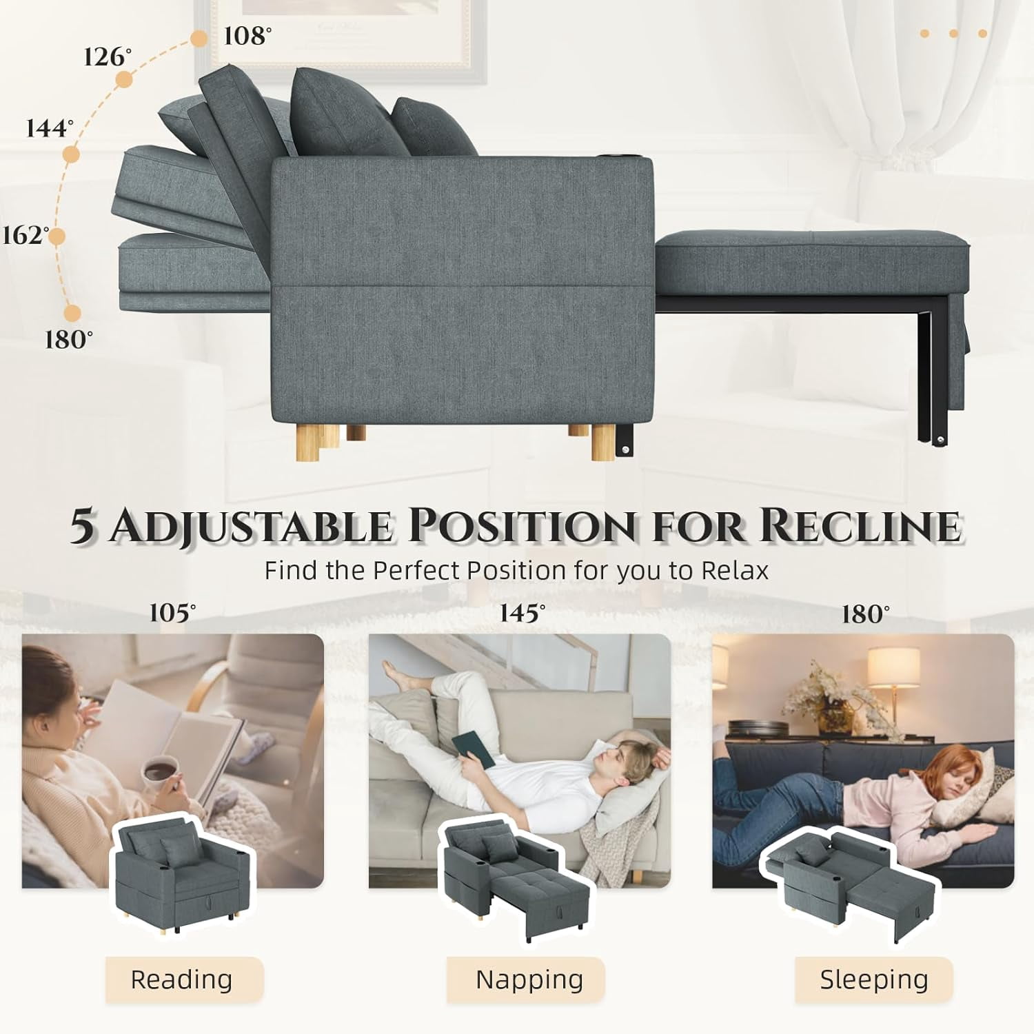 AECOJOY Sofa Bed, 38" Extra-Wide 3-in-1 Convertible Pull-Out Single Sofa with Adjustable Backrest and Cup Holder, Dark Grey