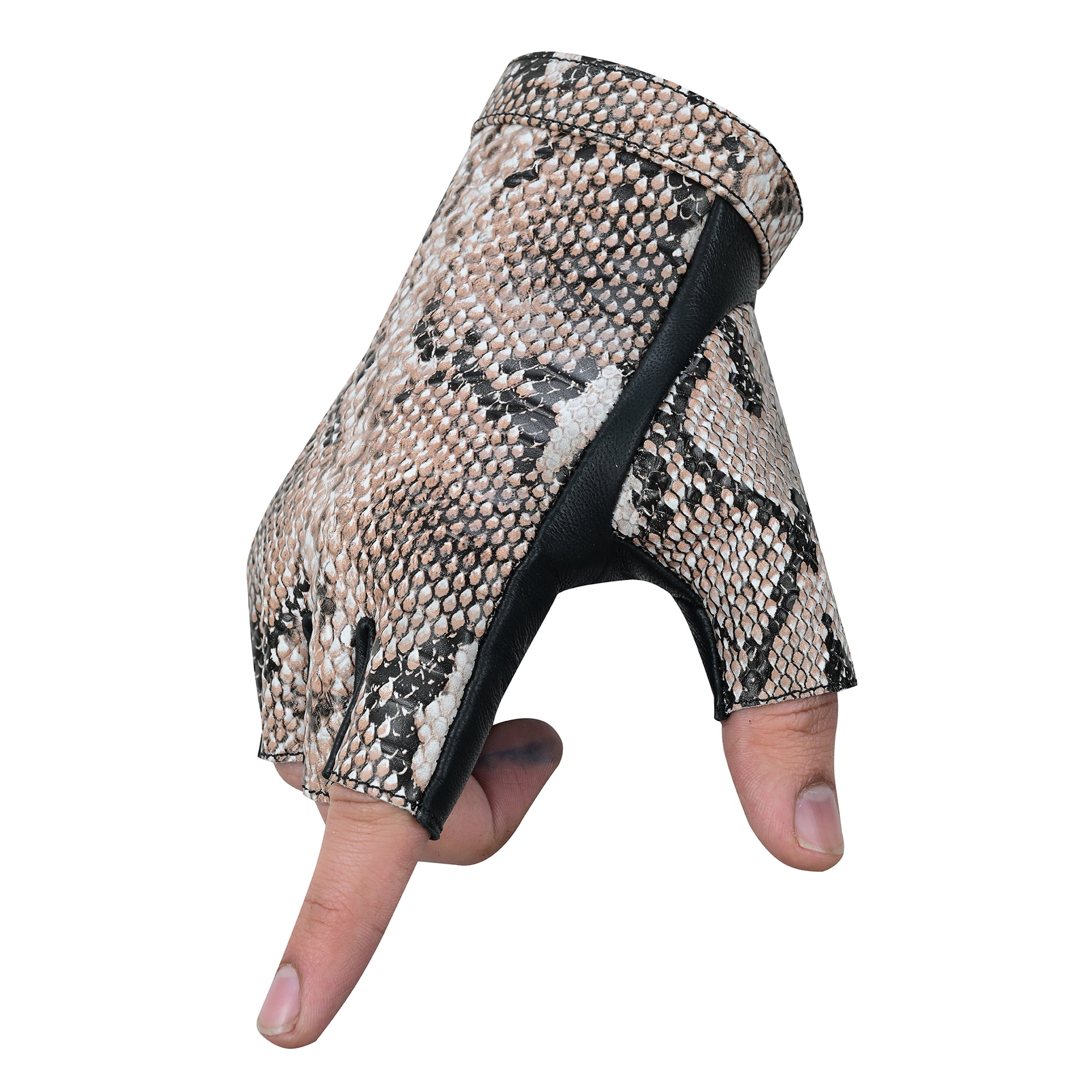 Men's Python Snake Embossed Leather Driving Gloves Half Finger Car Driving Motorcycle Bikers Riding Gloves Beige-L