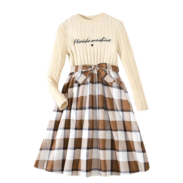 Odeerbi 6-13 Años Niñas Algodón Plaid Vestido de Manga Larga Cuello Redondo Twofer Vestido