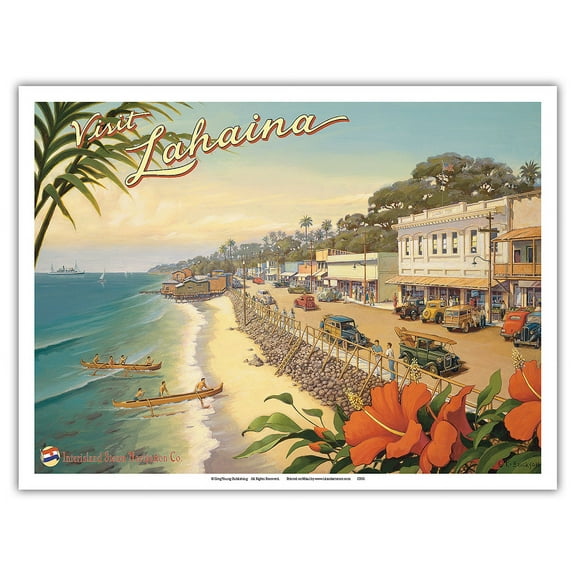 Visit Lahaina - Maui Hawaii - Vintage Hawaiian Travel Poster by Kerne Erickson - Master Art Print (Unframed) 9in x 12in