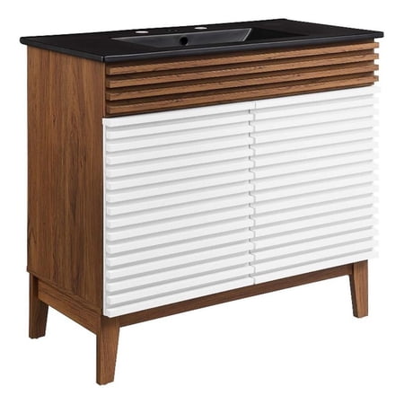 Modway Render 36" MDF and Particleboard Bathroom Vanity in White/Walnut/Black