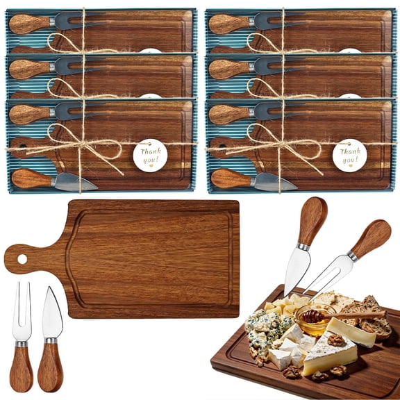 6 Set Baby Shower Cheese Prizes Wooden Serving Board Gift Set for Guests Housewarming Gifts with Knives Forks Thank You Tags and Box(Acacia Color)
