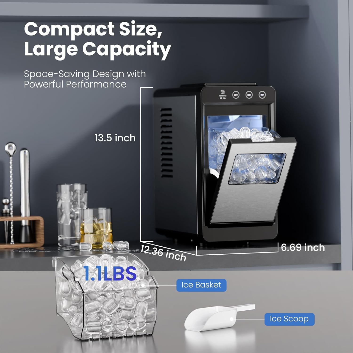 Havato  Ice Maker Countertop, 26 lbs/24Hrs, 8 Cubes in 6 Mins,Portable Ice Machine with Self-Cleaning, Quiet Compact Ice Maker for Kitchen, RV, Camping,Silver
