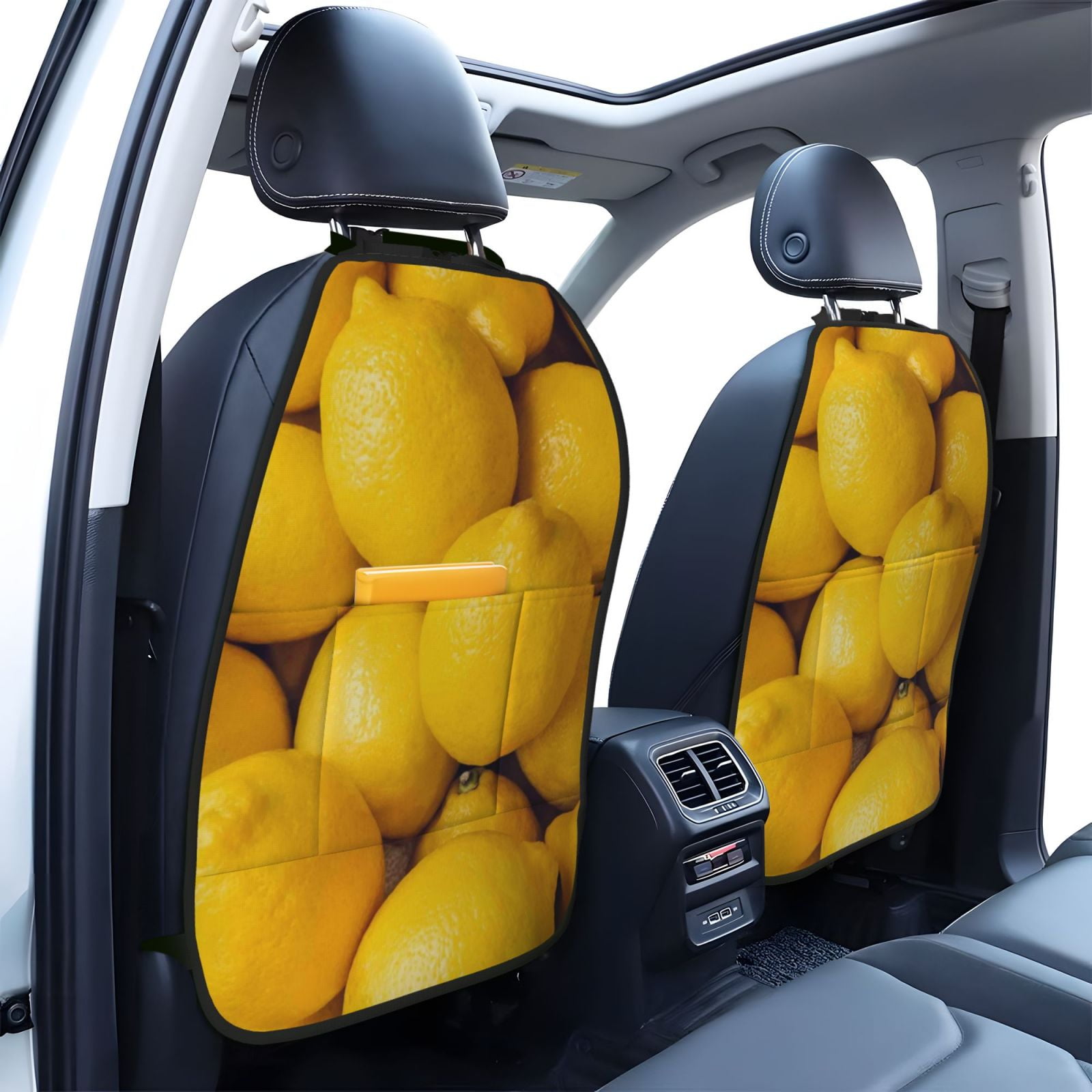 Xecao Ripe Yellow Lemon Pattern Car Seat Back Protector 2 Pack Large Capacity Pocket, Kick Mats Back Seat Protector