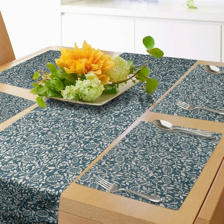 

Vintage Table Runner & Placemats Floral Composition with Silhouette Style Leaves and Stems Spiral Retro Set for Dining Table Placemat 4 pcs + Runner 16 x90 Dark Teal and Eggshell by Ambesonne