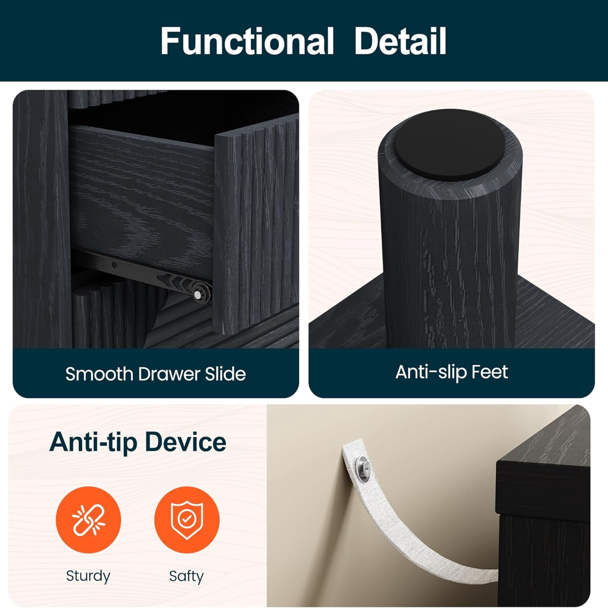 18.7 Inches Width Black 3 Drawer Nightstand - Modern Wood Chest with Solid Legs
