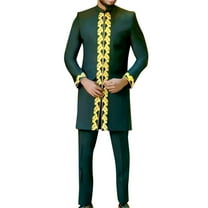 CHUOU Men Suit Pants Suit Embroidered Round Neck Long Sleeve Solid Color Two Piece Social African National Mens Wear National Style