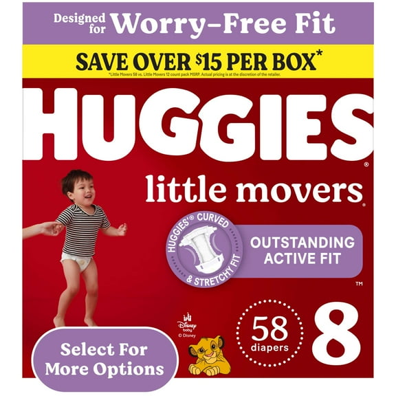 Huggies Little Movers Baby Diapers, Size 8 (46 lbs), 58 Count (Select for More)