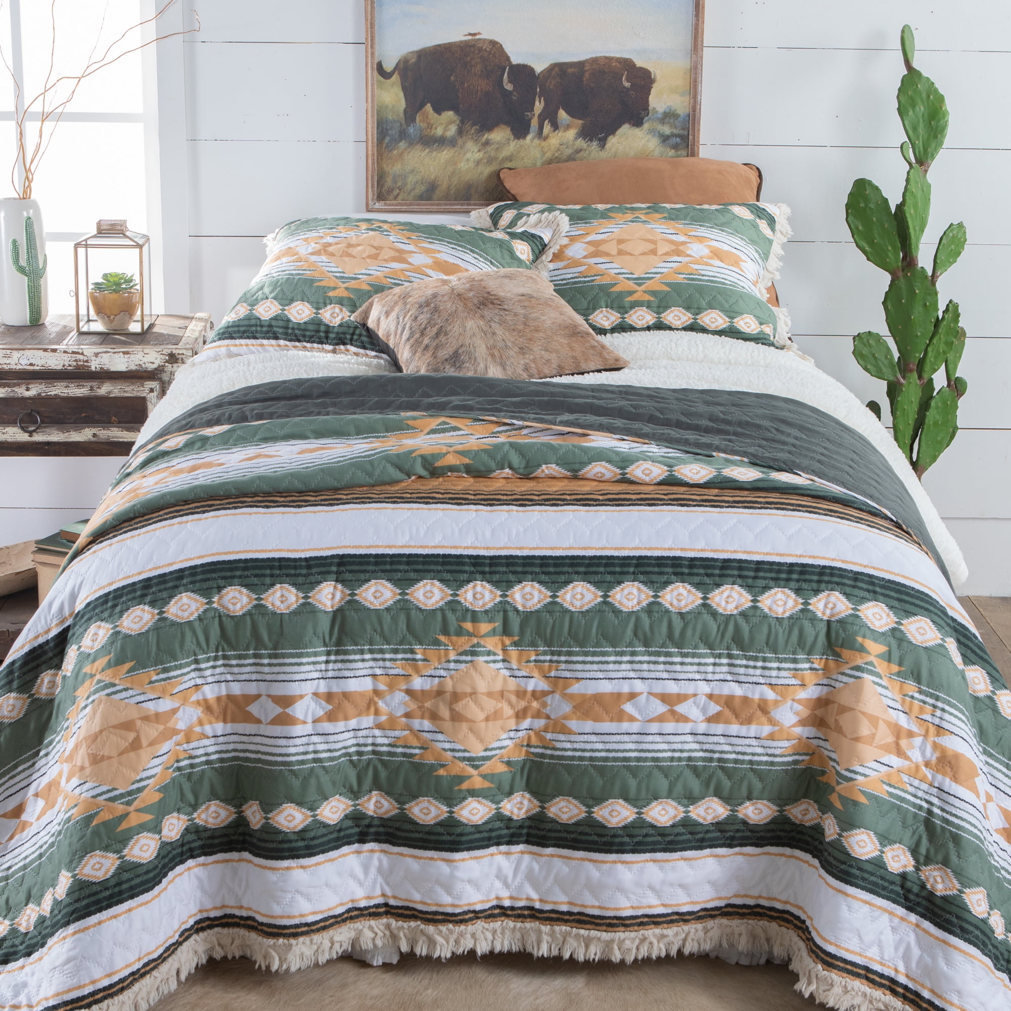 Zuma deep green, sage, tan, sand and white Southwest Ruffle Quilt Set