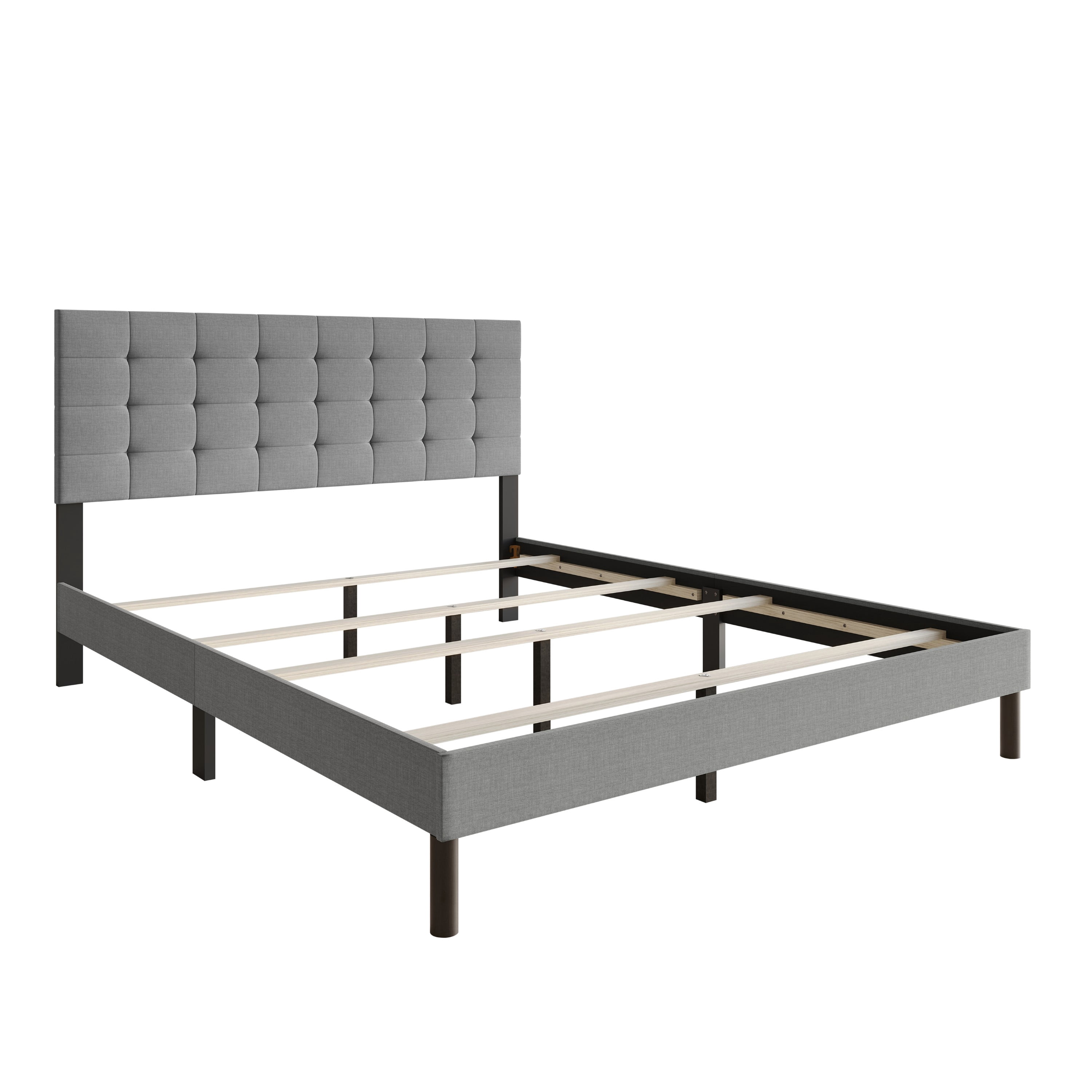 Home Design Haines King Linen Upholstered Panel Bed Frame with Rectangular Tufted Headboard & Sturdy Wooden Legs, Gray, Easy Assembly