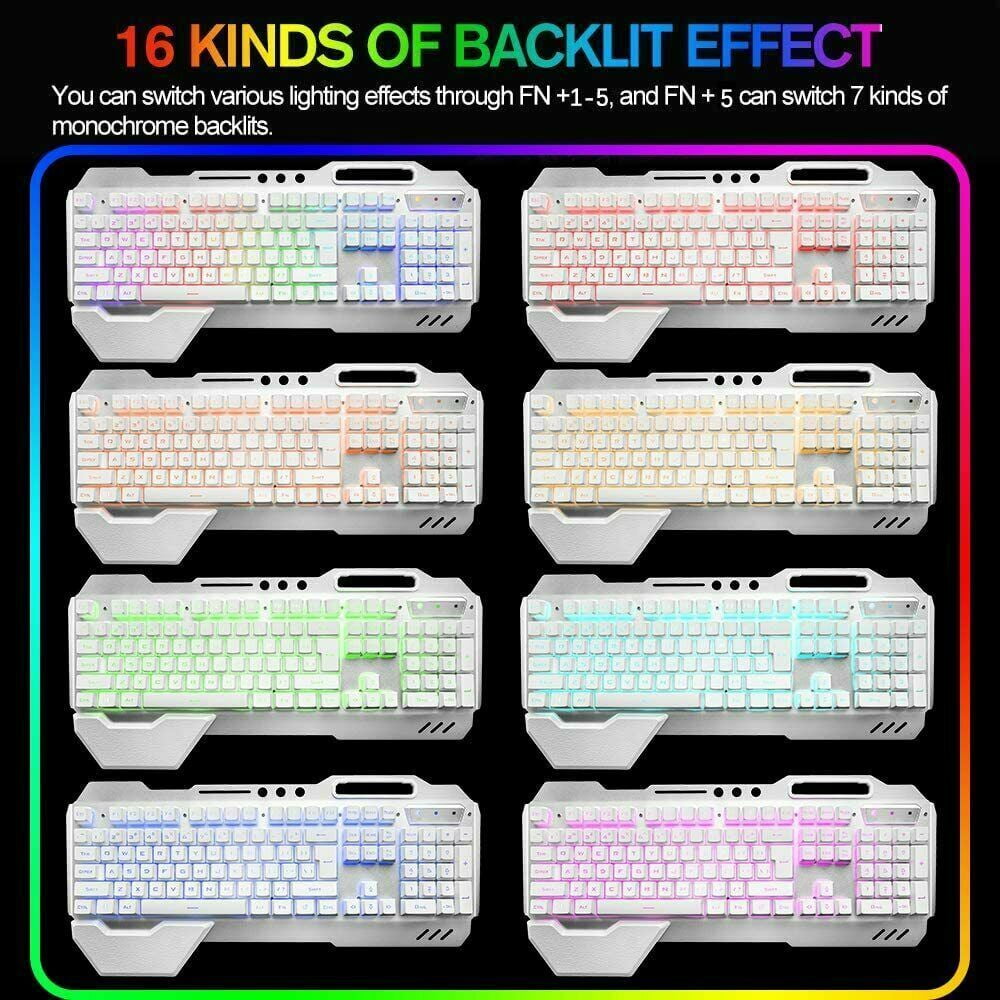 Wireless Gaming Keyboard & Mouse & Headset & Mouse Pad Combo Set 4 in 1,16 RGB Backlit Rechargeable Keyboard with Palm Rest,7 Backlit Gaming Mouse & RGB Bluetooth Headphones for Laptop Computer PC