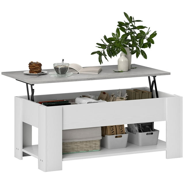 HOMCOM Table Basse à Plateau Relevable avec Compartiment de Rangement Caché et Tablette Blanc