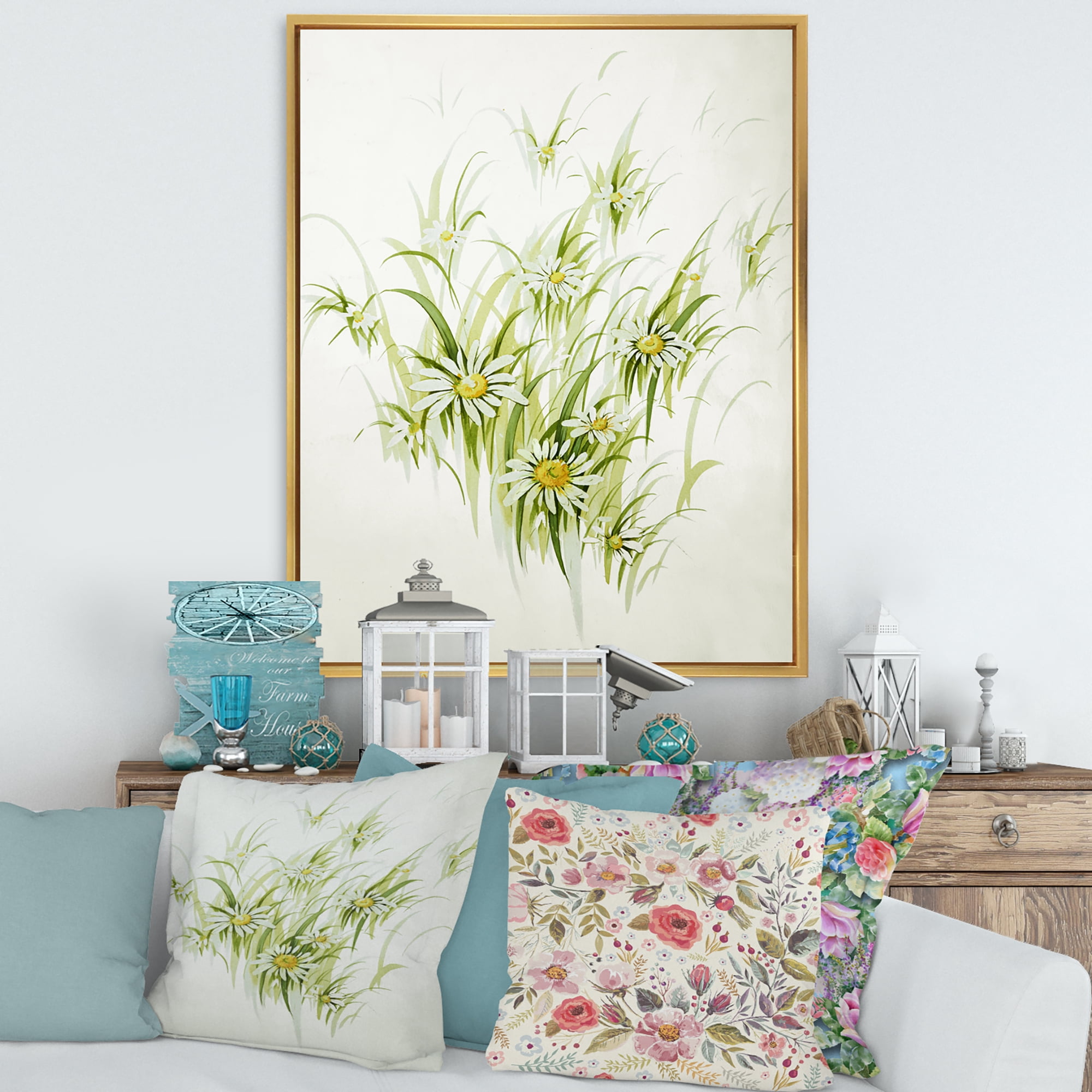 Designart 'Abstract Retro Drawing of Flowers I' Vintage Framed Canvas Wall Art Print