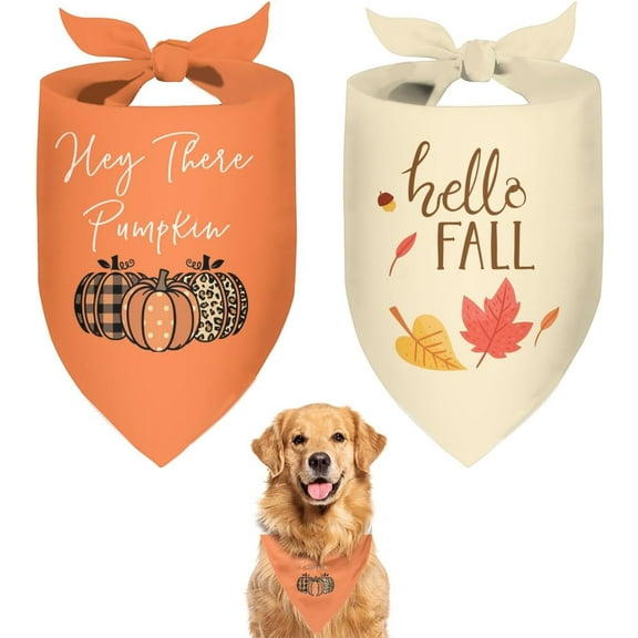 Cute Fall Dog Bandanas 2 Pack, Autumn Hello Fall Hey Pumpkin Maple Leaves Dog Scarf, Thanksgiving Handkerchief Scarves Gifts for Puppy Large Dogs