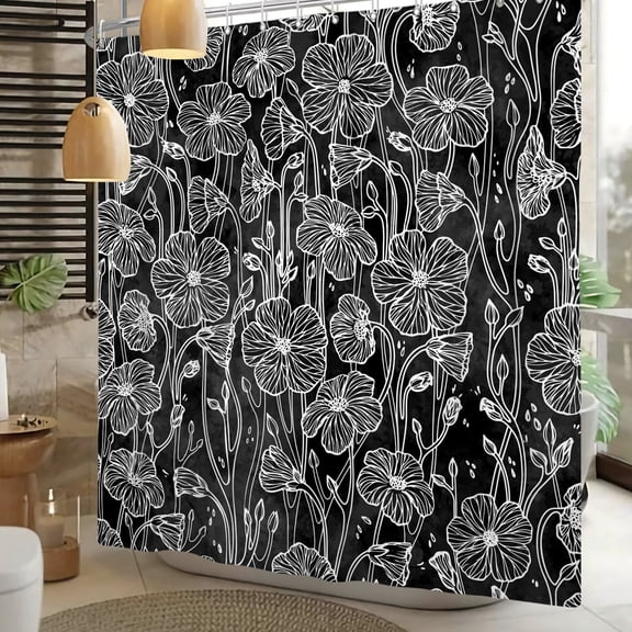 Pbobriich Black Floral Shower Curtain,Botanical Shower Curtain for Bathroom 72Wx72L inch Fabric Bath Curtains