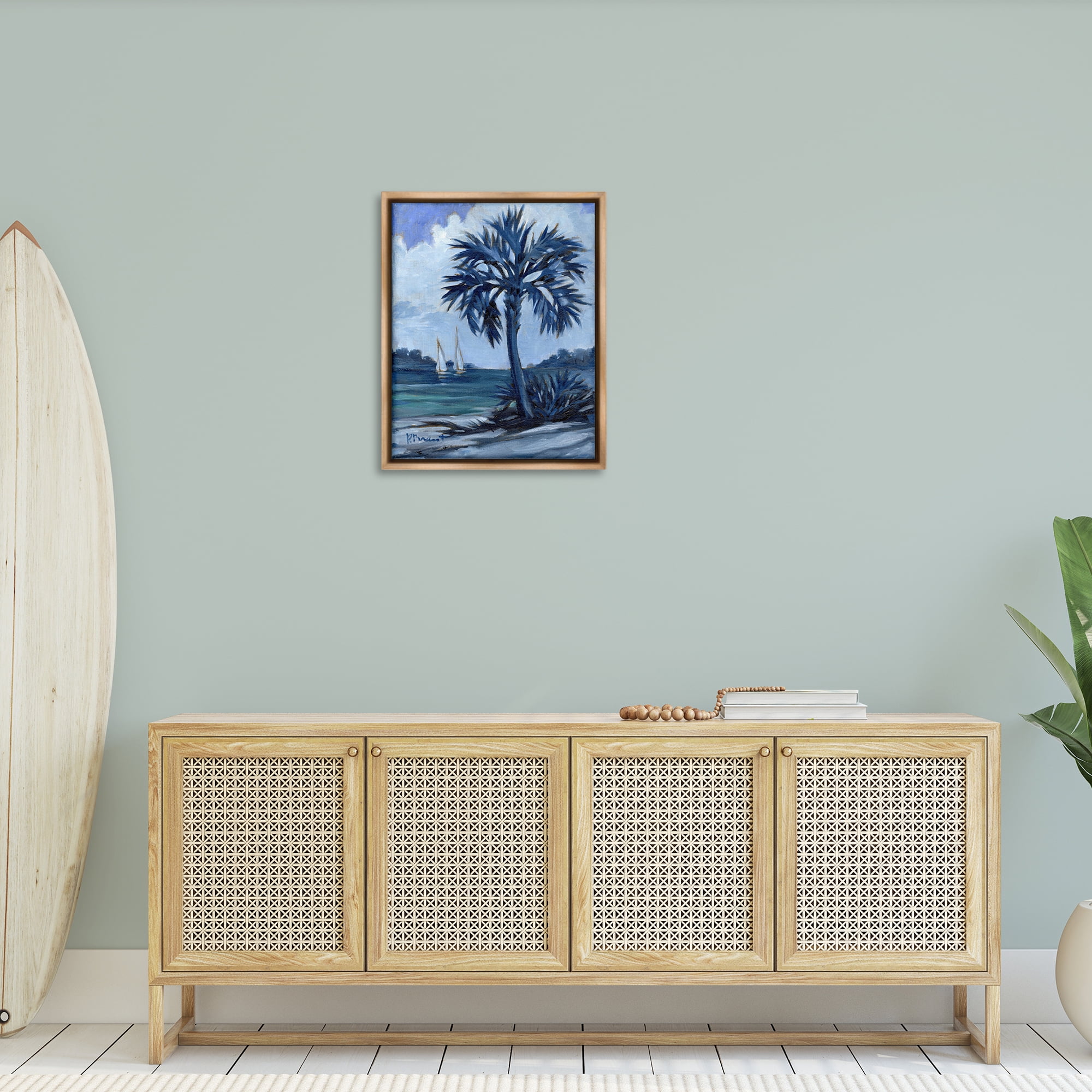 Stupell Industries Blue Palm Impressions Landscape & Nature Painting Brown Floater Framed Canvas Art Print Wall Art, 25 x 31