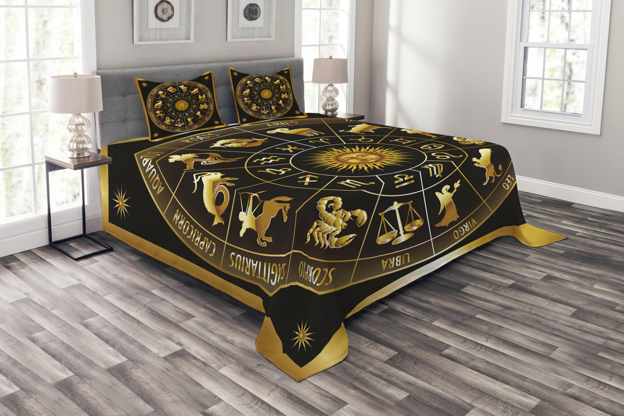 Astrology Bedspread Set Queen Size, Wheel Zodiac Astrology Signs in