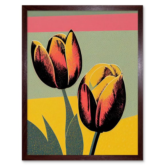 Bright Modern Silkscreen Tulip Blooms Stencil Dusky Pink Sage Green Mustard Yellow Art Print Framed Poster Wall Decor 12x16 inch
