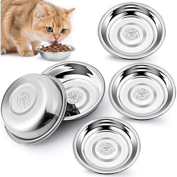 5 Pcs Stainless Steel Cat Bowls, 5.5 Inch Shallow Wide Cat Food Bowls, Whisker Fatigue Relief Cats Food Dish, Replacement Basic Plates for Elevated Stand, Pet Bowl for Small Dogs and Cats