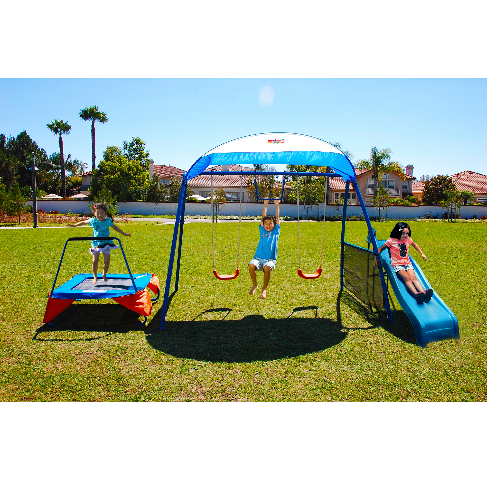 Backyard Swing Set Playground Outdoor Kids Playset Swings Trampoline Slide Metal eBay