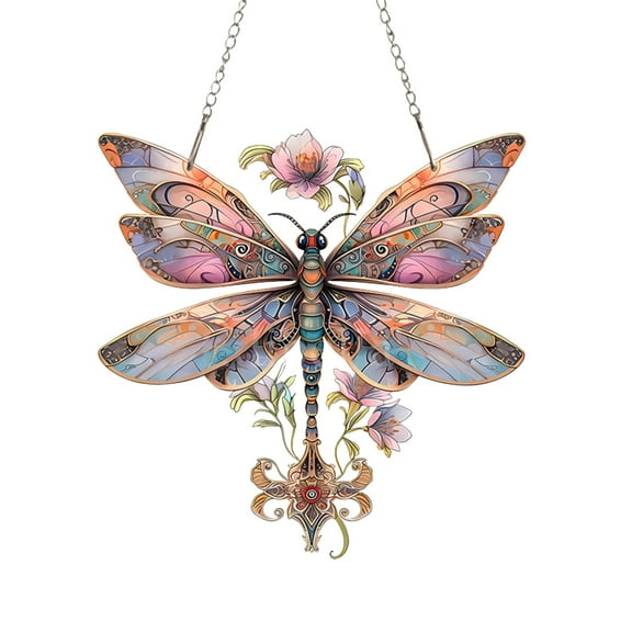 Dragonfly Suncatcher Exquisite Dragonfly Stained Glass Suncatcher Handcrafted Window Hanging Art Decor with Floral Design as shown One Size