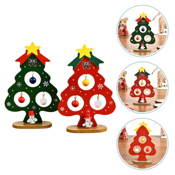 IBASETOY Red Wooden Christmas Tree Ornament Lightweight Portable Decor for Desk 2Pcs