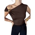 thumbnail image 3 of Women'S Off the Shoulder Tops Mental Elegant Asymmetrical Dressy Top Going Out Outfits Brown XL, 3 of 9