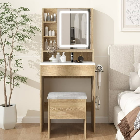 ELECWISH Vanity Desk With Mirror And Lights,White Makeup Vanity With Power Outlet And Storage Stool