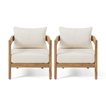 GDF Studio Burrough Outdoor Acacia Wood Club Chairs with Cushions, Set of 2, Teak and Beige