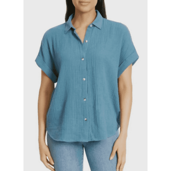 JESSICA SIMPSON TOP BLUE SHORT SLEEVE BUTTON GAUZE BLUE MEDIUM