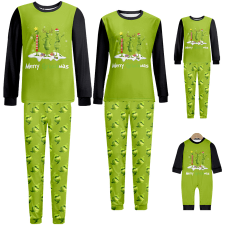

Family Matching Christmas Pajamas Merry Christmas Claus Cartoon Green Print Baby-Kids-Adult-Pet Size 2-Piece Top and Pants Bodysuits Xmas PJS Sleepwear