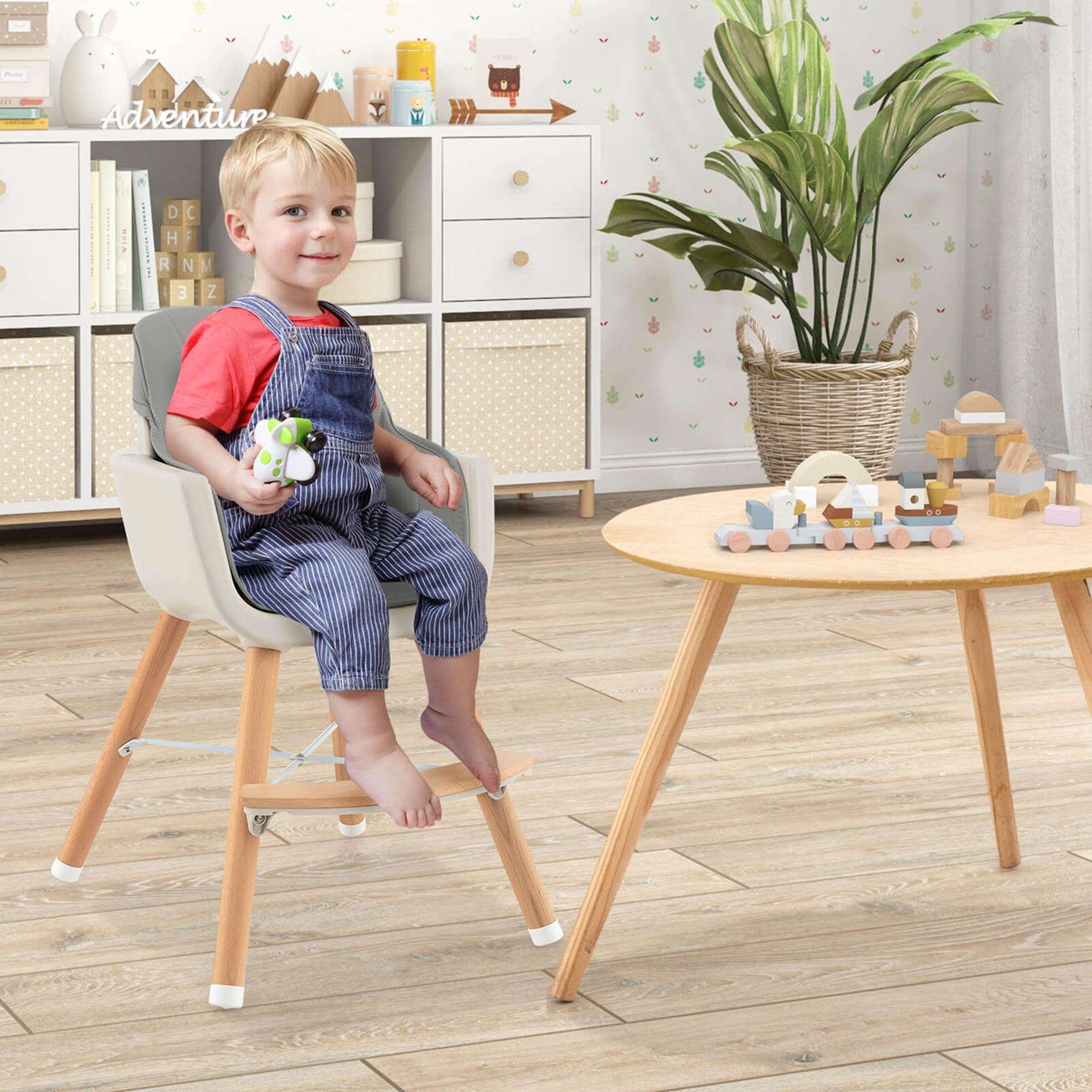 Babyjoy 3 in 1 Convertible Wooden High Chair Toddler Feeding Chair with Cushion Gray