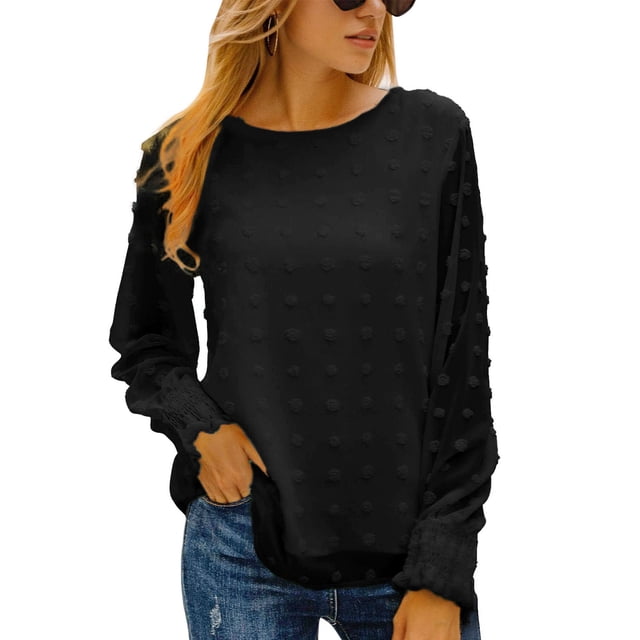 Blusa de Manga Larga Cuello Redondo Ajuste Suelto Suave Transpirable Color Puro Mujer Top Casual para la Fecha de Trabajo Compras Negro XL