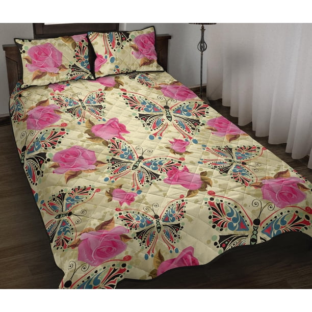 Juego de cama acolchado con estampado de mariposas y rosas rosas