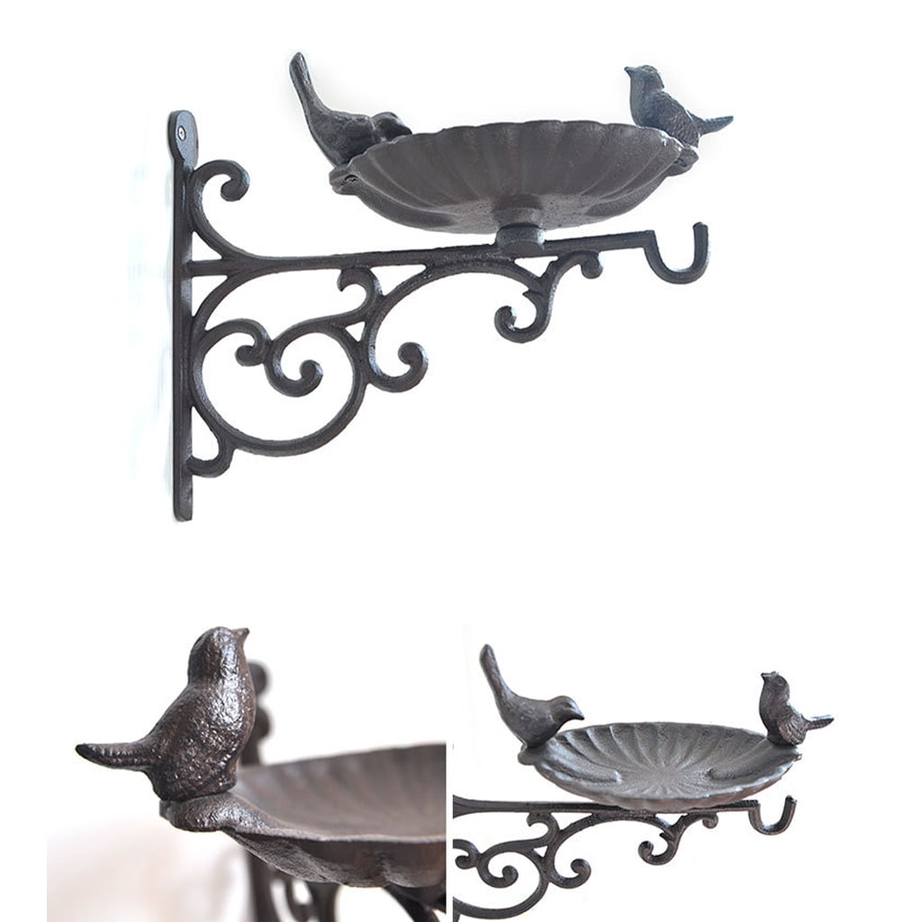 Cast Iron Bird Bath with Hook Garden Decor Wall Mounted Weatherproof Vintage Water Bowl for Wild Birds