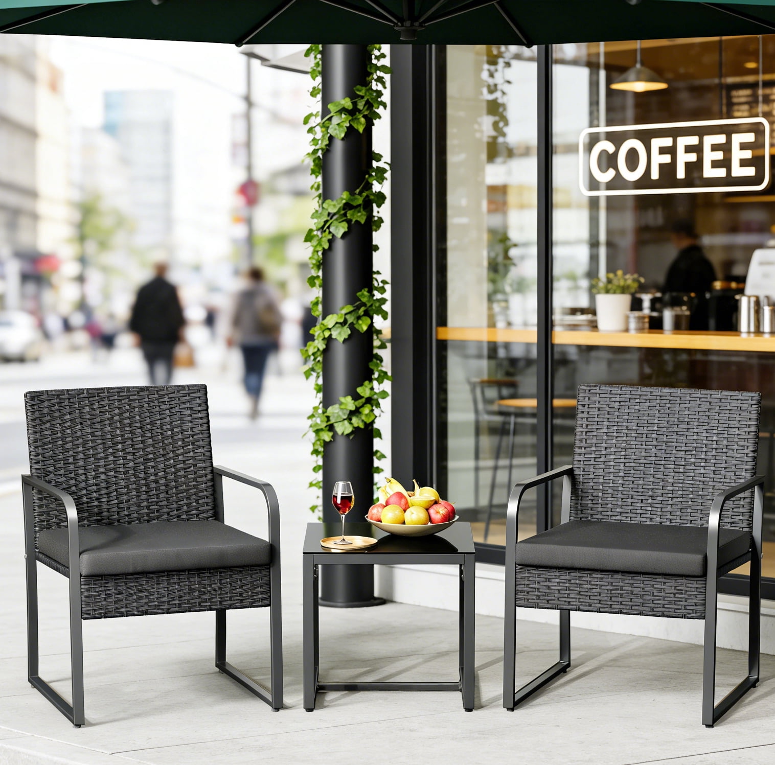 Lofka 3-Piece Patio Furniture Set, All-Weather Restaurant Outdoor Seating with Tempered Glass Table, Heavy Duty Wicker Bistro Set for Cafe, Bar
