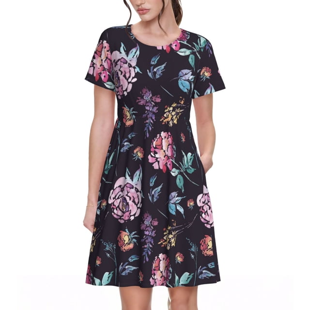 Bixox Robe d'Été à Manches Courtes pour Femmes Robe Ample Longueur Genou avec Poches-Roses Fleurs