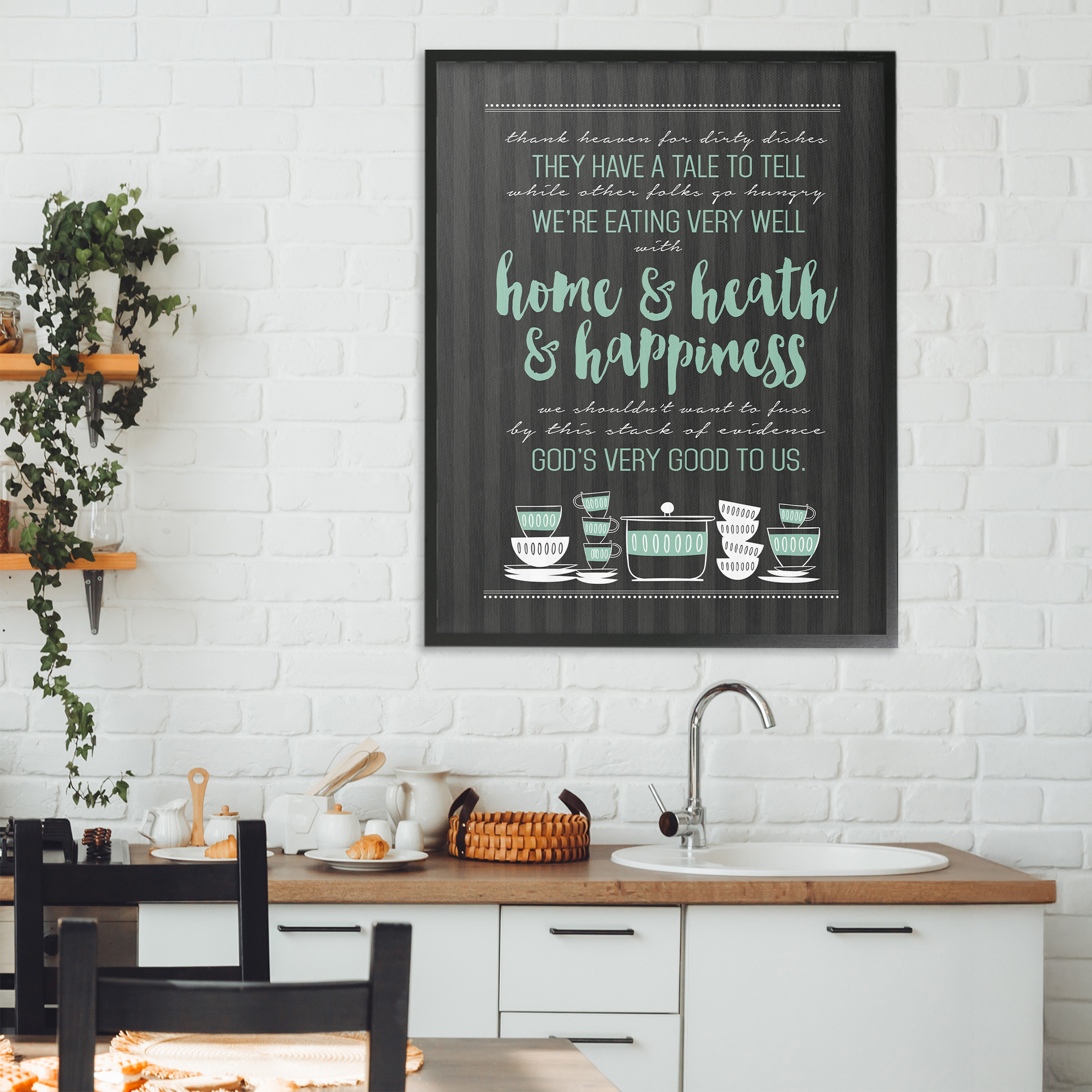 God's Good To Us Kitchen Black Framed Giclee Art, design by Lettered and Lined